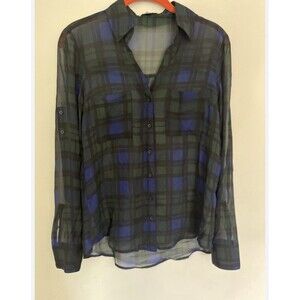 Express Original Fit Portofino Women’s Plaid Sheer Black Blue Green Blouse Small